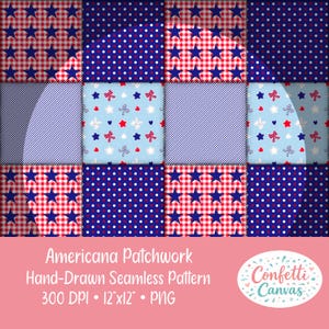 Könnte beinhalten: Ein nahtloses amerikanisches Patchwork-Muster mit Quadraten in verschiedenen Designs: rot-weißes Vichy-Karo mit blauen Sternen, blaue Punkte mit weißen Punkten und hellblau mit Sternen und Kreuzen. Der Text lautet "Americana Patchwork Hand-Drawn Seamless Pattern".