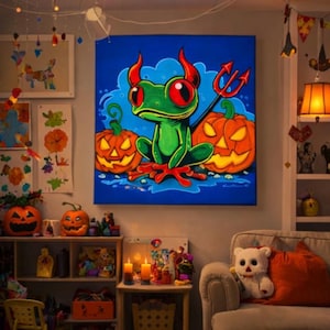 Red Eyed Devil Frog Art Print, Halloween Gothic Frog Painting, Bold Color Canvas