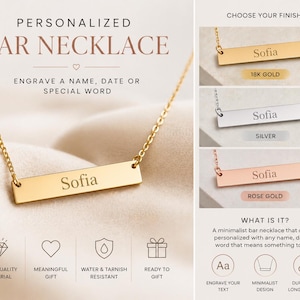 Può includere: Una collana a barra dorata con il nome "Sofia" inciso. L'immagine mostra la collana su uno sfondo morbido, con opzioni di finitura argento e oro rosa. Il testo recita "Collana a Barra Personalizzata".