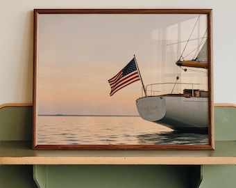 Impression de voilier du 4 juillet, art mural Americana vintage, affiche patriotique de bateau drapeau américain, décoration côtière du jour de l'indépendance, oeuvre d'art d'été