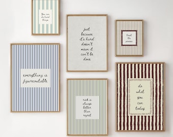 Hand Drawn Stripe Motivational Wall Art Bundle, Inspirational Quote Prints, Positive Mindset Printable Set, Office Decor, Neutral Posters
