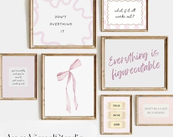 7 Pink Coquette Hand Drawn Girly Preppy Wall Art Print Gallery College Dorm Printable Bedroom Motivational Quotes Striped Neutral Download