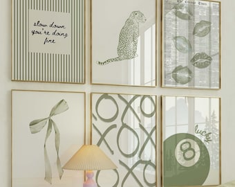 Sage Green Gallery Wall Set of 6, Slow Down You’re Doing Fine Quote, Leopard Art, Lucky 8 Ball Printable Decor