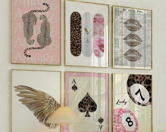 Pink Leopard Skateboard Amor Gallery Wall Set of 6 Prints, Newspaper Lips, Ace Card Art, Lucky 8 Ball, Martini Poster, Glam Digital Download