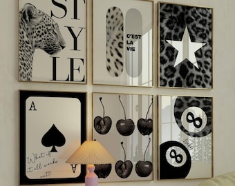 Lot de 6 impressions d'art murales guépard léopard noir et blanc, skateboard Cest La Vie Stockholm Ace of Spade 8 Ball Dorm, téléchargement esthétique funky