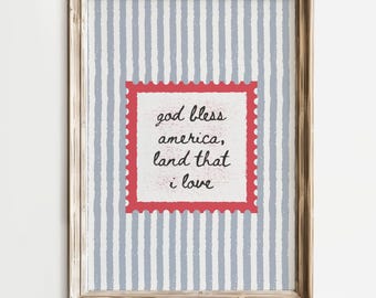 Que Dieu bénisse l'Amérique, oeuvre d'art murale rayée dessinée à la main, décoration vintage patriotique, Americana rustique, affiche du 4 juillet