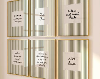 Ensemble d'art mural de salle de bain vert sauge de 6, impressions de galerie drôles, décoration de salle de bain dessinée à la main minimaliste à télécharger