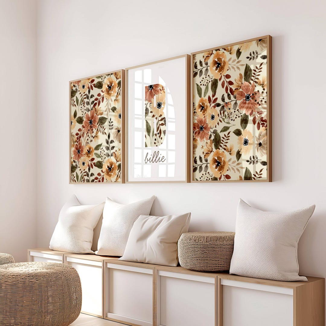 Custom Nursery Wall Art Set of 3 Autumn Floral Prints With Initial Name ...