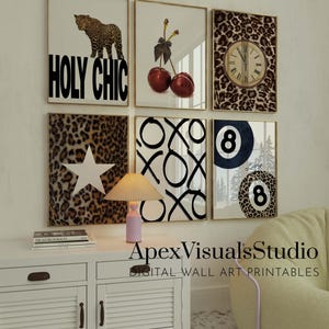 Leopard Gallery Wall Set of 6, Holy Chic Cherry XO Lucky 8 Poster Collection Star Leopard Clock Printable Fashion Wall Art