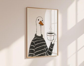 Oie de café, impression d'amateur de café drôle, décoration murale de cuisine, affiche de station de café, oeuvre d'art animalier de style café confortable
