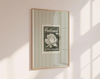 Impression de timbres Portland, Oregon, affiche de voyage vintage rayé vert sauge, art mural City of Roses, décoration d'affranchissement botanique