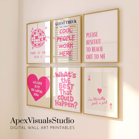 6 Office Pink Preppy Aesthetic Wall Art Print Women Home Office Cubicle Decor Printable Poster Digital Download