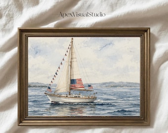 Vintage Segelboot Wandkunst, Patriotic Americana Küstendruck, Rustikales Dekor zum Unabhängigkeitstag, Amerikanische Flagge Ozean Gemälde Herunterladen