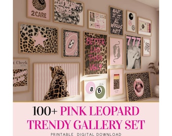 Plus de 100 oeuvres d'art murales tendance léopard rose, affiche preppy glam mode, décoration d'appartement coquette girly chic (téléchargement numérique)