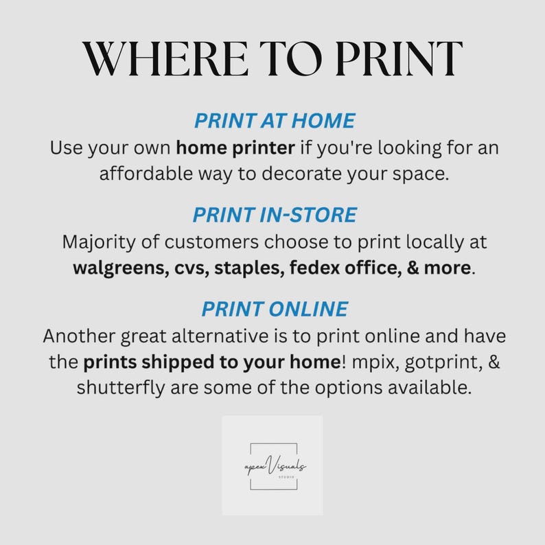 以下が含まれることがあります： WHERE TO PRINTというタイトルの情報グラフィックで、PRINT AT HOME、PRINT IN-STORE、PRINT ONLINEの3つのセクションがあります。家庭用プリンター、Walgreens、CVS、Staples、FedExなどの店舗、またはmpix、gotprint、shutterflyなどのオンラインサービスを使用してデジタルファイルを印刷するための手順が記載されています。下部にはapex visuals studioのロゴがあります。