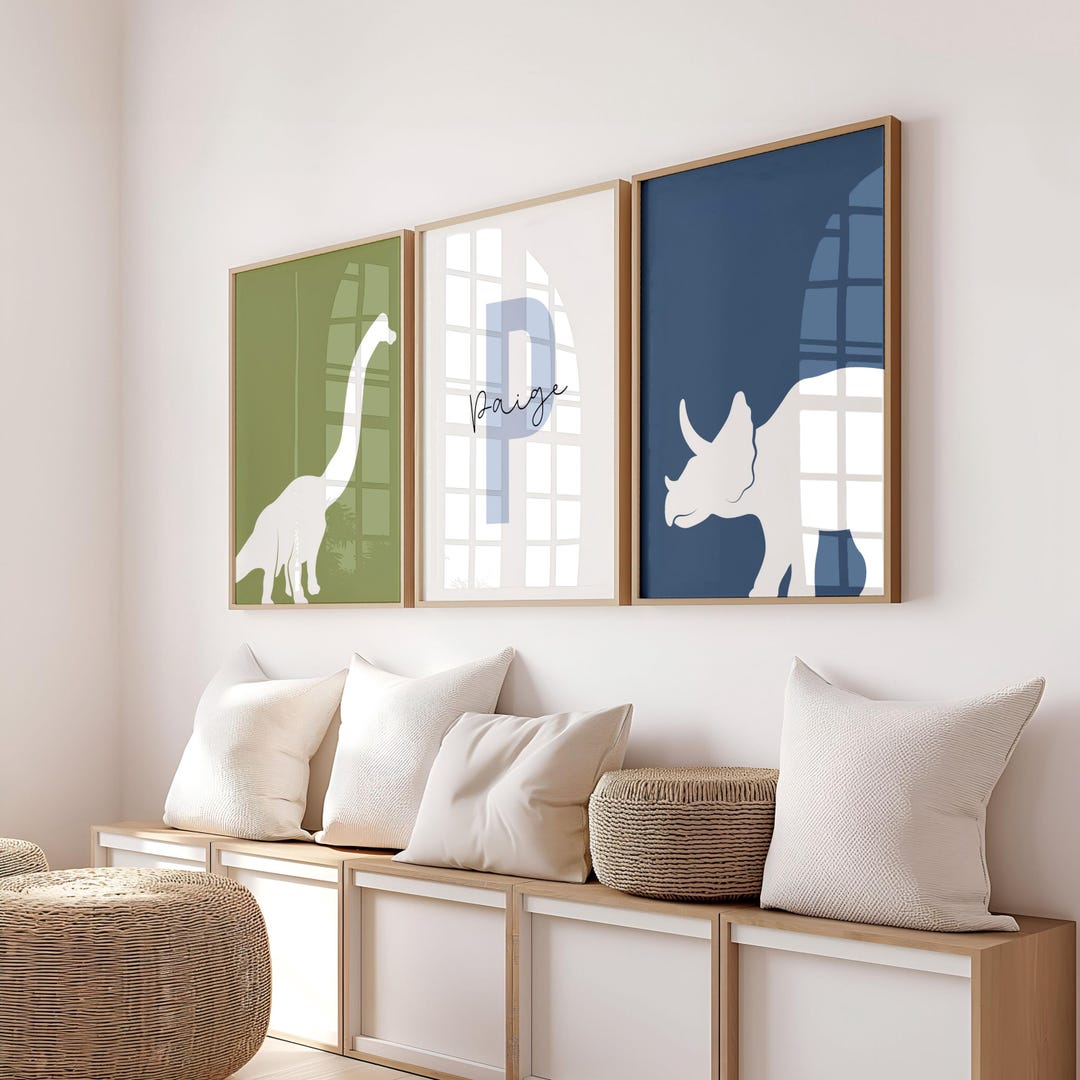 Dinosaur Nursery Wall Art Set of 3, Green and Blue Dino Baby Room Decor ...