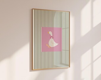 Stampa artistica da parete per cameretta con oca rosa, poster con oca civetta verde salvia, decorazione per cameretta da bambina, opera d'arte vintage in stile cottagecore con animali