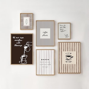 May include: A set of six framed wall art prints featuring coffee-themed illustrations and text. The designs include striped patterns, a hand pouring milk into stacked cups, and phrases like "coffee please," "A CUP OF COMFORT," and "let our cups overflow."