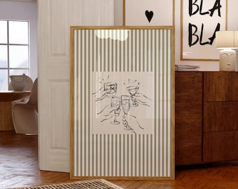 Vintage Cocktail Print, Sage Green Striped Bar Cart Wall Art, Retro Cheers Illustration, Cocktail Lounge Decor, Kitchen Bar Poster