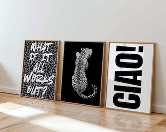 Leopard Galerie Wanddruck 3er Set Schwarz Weiß Tier Poster What If It Alls Out Zitat Ciao Typografie Printable Decor