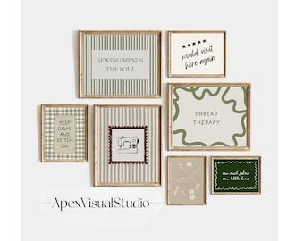 Set di 7 quadri da parete a righe disegnati a mano per il cucito, pacchetto di decorazioni per la stanza del cucito, stampe da parete per il quilting, terapia con i fili, cucire cura l'anima, stanza dei lavori creativi