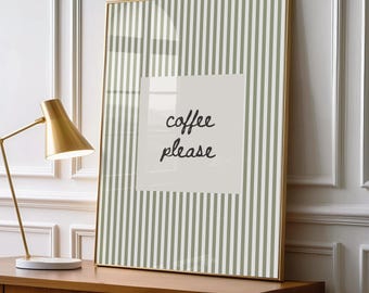 Kaffee bitte Print, Küche Wandkunst, Kaffee Bar Dekor, minimalistisches Typografie Poster, Salbei grün gestreift Printable