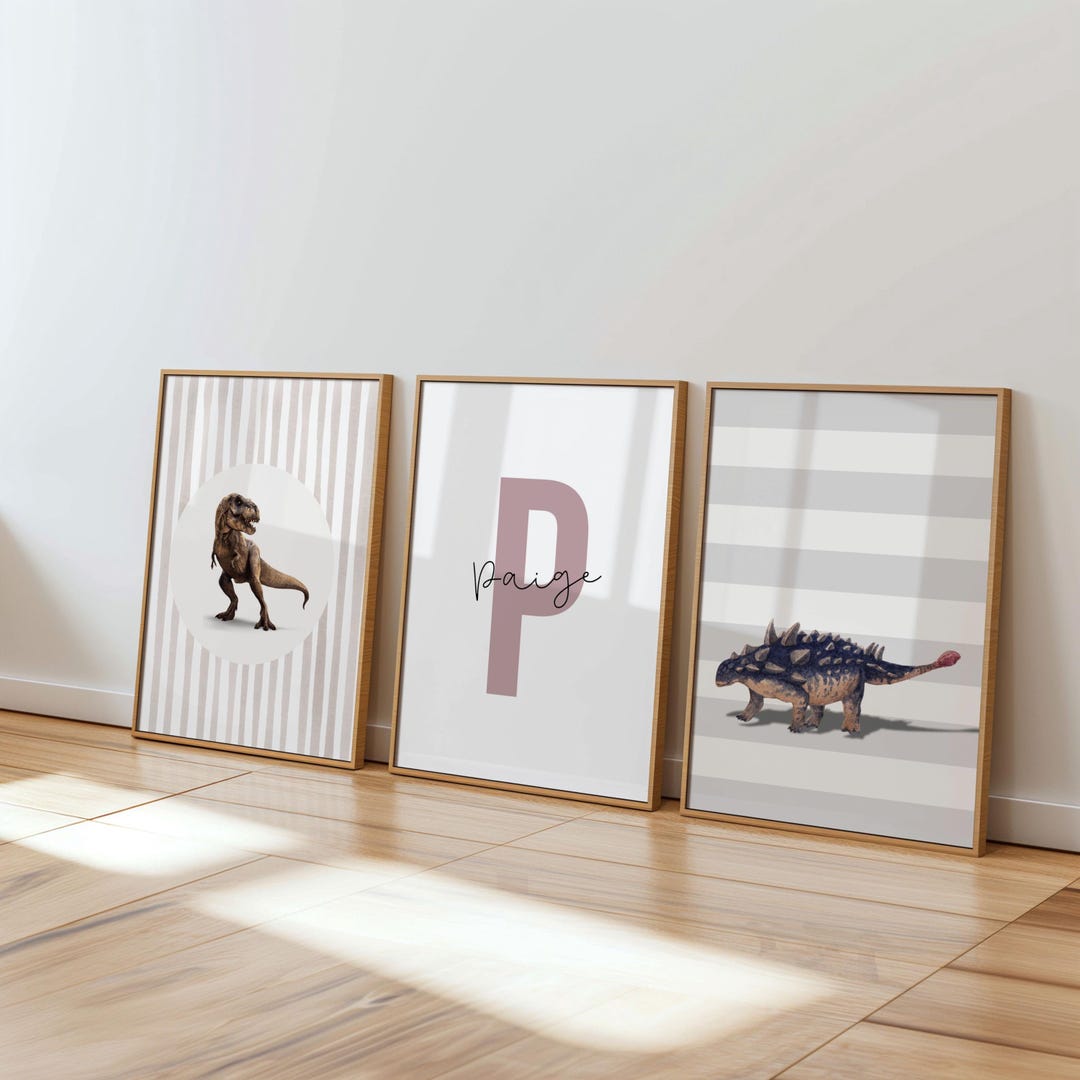 Custom Dinosaur Nursery Wall Art Set of 3, Baby Room Decor With Initial ...