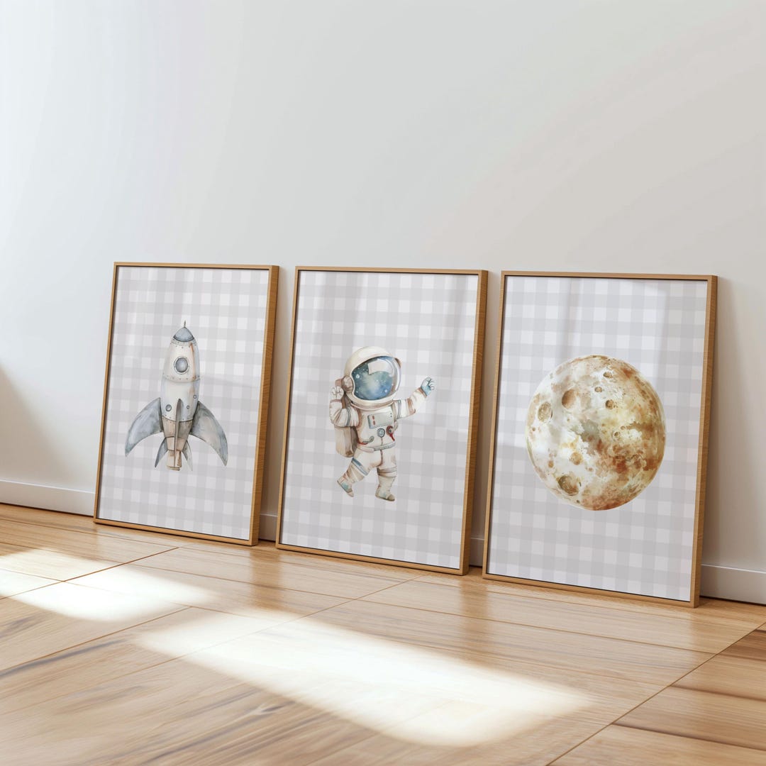 Space Nursery Wall Art Set of 3, Rocket Astronaut and Moon Baby Room ...