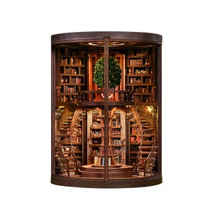 May include: A miniature wooden library book nook insert featuring a multi-level design with curved staircases, shelves filled with tiny books, a central tree, and integrated warm lighting within a dark brown cylindrical frame.