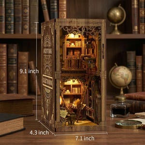 DIY Book Nook Kit with LED Light | Antique Library Miniature Bookshelf Insert, 3D Wooden Puzzle Gift for Book Lovers image 3
