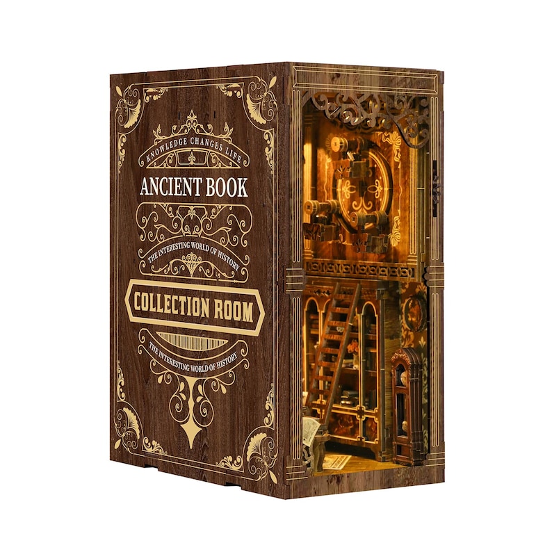 May include: A wooden book nook with the text "ANCIENT BOOK COLLECTION ROOM" and intricate interior details. The design features a ladder, shelves, and a clock, all illuminated with warm lighting, creating a miniature world.