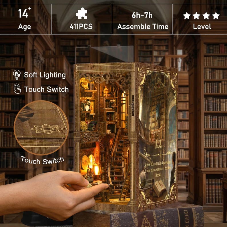 DIY Book Nook Kit with LED Light | Antique Library Miniature Bookshelf Insert, 3D Wooden Puzzle Gift for Book Lovers image 2