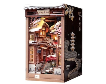 Kyoto Snow Whisper DIY Book Nook Kit with LED Light, Japanese Miniature Dollhouse, Wooden 3D Puzzle Bookshelf Insert Gift
