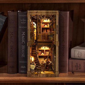 DIY Book Nook Kit with LED Light | Antique Library Miniature Bookshelf Insert, 3D Wooden Puzzle Gift for Book Lovers image 4