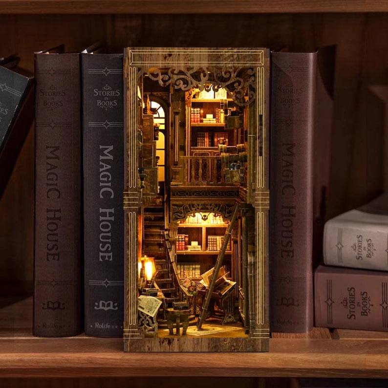 DIY Book Nook Kit with LED Light | Antique Library Miniature Bookshelf Insert, 3D Wooden Puzzle Gift for Book Lovers image 4