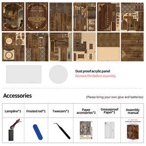 May include: A collection of miniature wooden pieces and accessories for a DIY antique book model kit. Includes laser-cut wood panels, a dust-proof acrylic panel, and various tools. The kit features the text "ANCIENT BOOK COLLECTION ROOM" and "ANTIQUE BOOK".