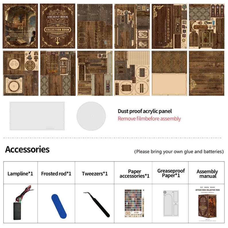 May include: A collection of miniature wooden pieces and accessories for a DIY antique book model kit. Includes laser-cut wood panels, a dust-proof acrylic panel, and various tools. The kit features the text "ANCIENT BOOK COLLECTION ROOM" and "ANTIQUE BOOK".