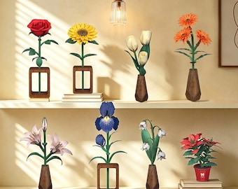 DIY 3D Wooden Flower Puzzle Kit, Floral Craft Decor, Rose Sunflower Tulip Lily Iris Gerbera, Handmade Gift