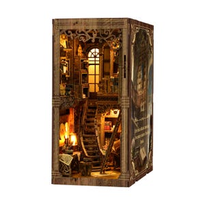 DIY Book Nook Kit with LED Light | Antique Library Miniature Bookshelf Insert, 3D Wooden Puzzle Gift for Book Lovers image 1