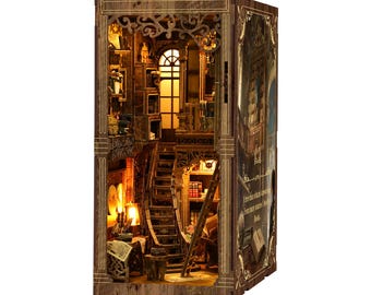 DIY Book Nook Kit with LED Light | Antique Library Miniature Bookshelf Insert, 3D Wooden Puzzle Gift for Book Lovers