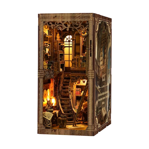 DIY Book Nook Kit with LED Light | Antique Library Miniature Bookshelf Insert, 3D Wooden Puzzle Gift for Book Lovers