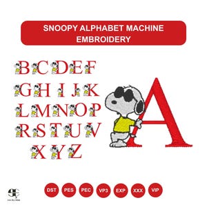 Puede incluir: Un diseño de bordado con el alfabeto de Snoopy. Cada letra va acompañada de un personaje de Snoopy. El diseño incluye las letras de la A a la Z, con Snoopy en varias poses. El texto "SNOOPY ALPHABET MACHINE EMBROIDERY" está en la parte superior.