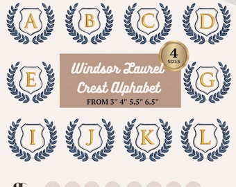 Windsor Laurel Crest Monogram Alphabet Embroidery Design (Digital Download)
