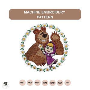 May include: Machine embroidery pattern featuring a brown bear and a girl in a purple dress, surrounded by a daisy chain. The text "MACHINE EMBROIDERY PATTERN" is displayed above the design.