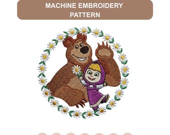 Anime Teddy Bear Machine Embroidery PES File, Daisy Flowers, Floral and Baby Animal Pattern