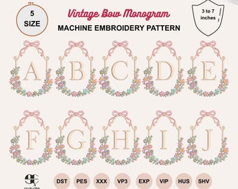 Vintage Bow Floral Monogram Embroidery Alphabet (PES Files)