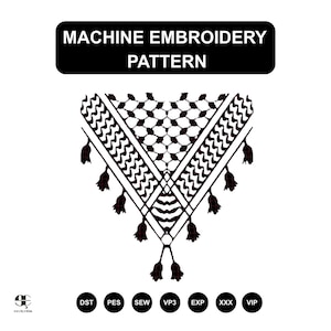 May include: A black and white machine embroidery pattern. The design features a geometric pattern with tassels. The text "MACHINE EMBROIDERY PATTERN" is at the top. The image also includes file type abbreviations.