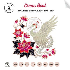 Japanese Crane Embroidery Design, Bird Art Machine Embroidery Pattern, Peony Flower Botanical PES