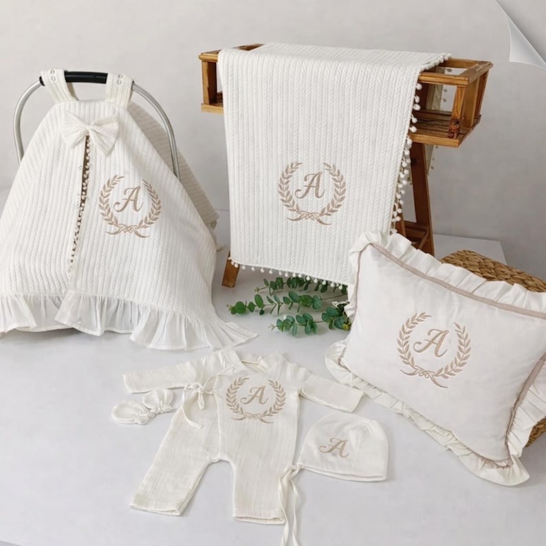 Baby embroidery alphabet letters with soft floral wreath style