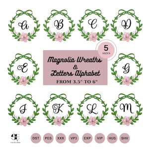 Magnolia Alfabetspaket, Blombokstäver Monogram Broderidesigner, Anpassat Bröllopsmonogram PES, 5 Storlekar